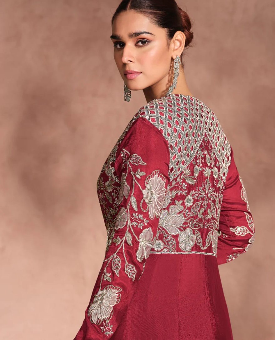 MAROON - Designer Maroon Chinnon Silk Jacket Style Lehenga Choli For Indian Wedding