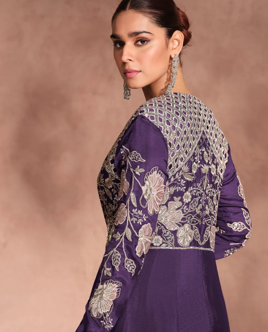 PURPLE - Designer Purple Chinnon Silk Jacket Style Lehenga Choli For Indian Wedding