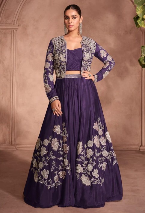 Designer Purple Chinnon Silk Jacket Style Lehenga Choli For Indian Wedding