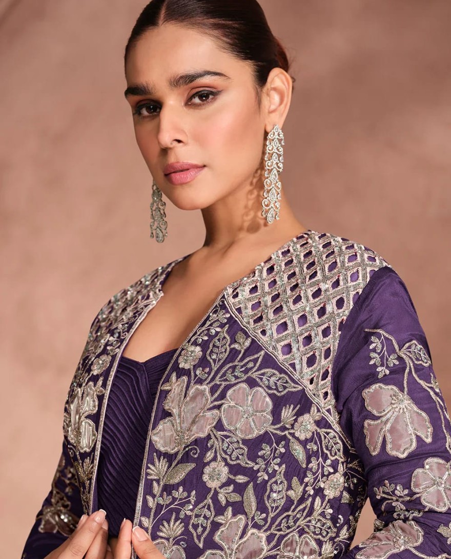 PURPLE - Designer Purple Chinnon Silk Jacket Style Lehenga Choli For Indian Wedding