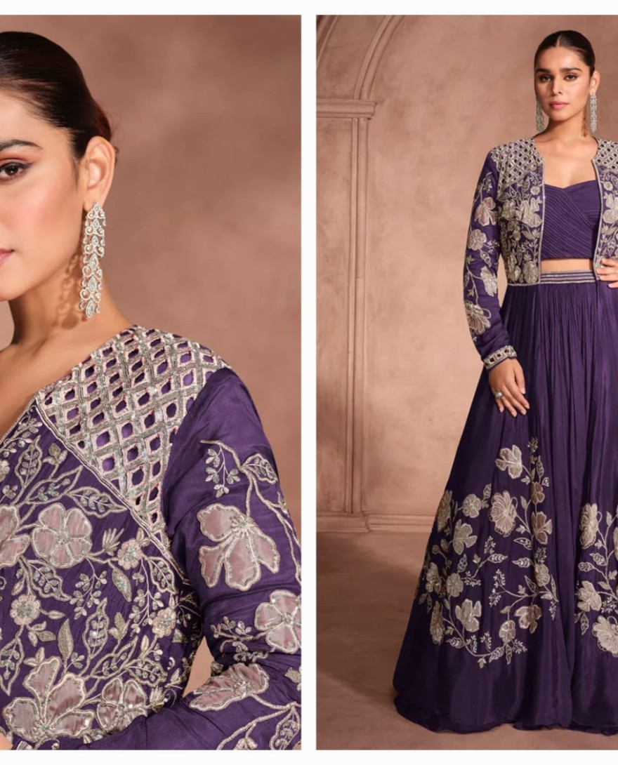 PURPLE - Designer Purple Chinnon Silk Jacket Style Lehenga Choli For Indian Wedding