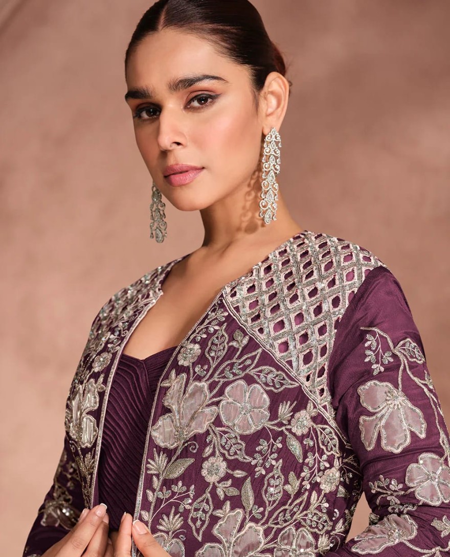 WINE - Designer Wine Chinnon Silk Jacket Style Lehenga Choli For Indian Wedding