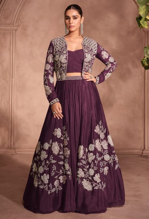 Designer Wine Chinnon Silk Jacket Style Lehenga Choli For Indian Wedding