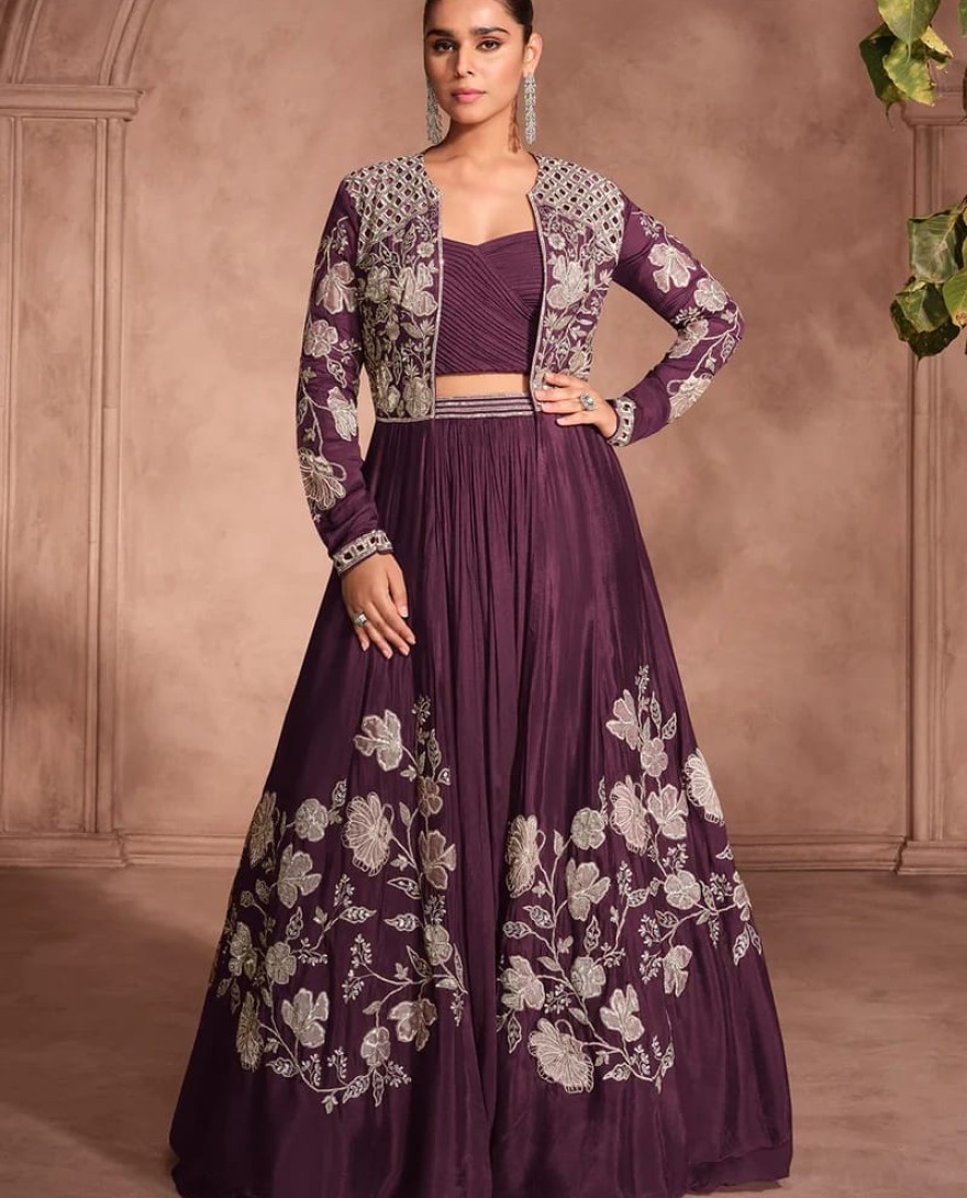 WINE - Designer Wine Chinnon Silk Jacket Style Lehenga Choli For Indian Wedding