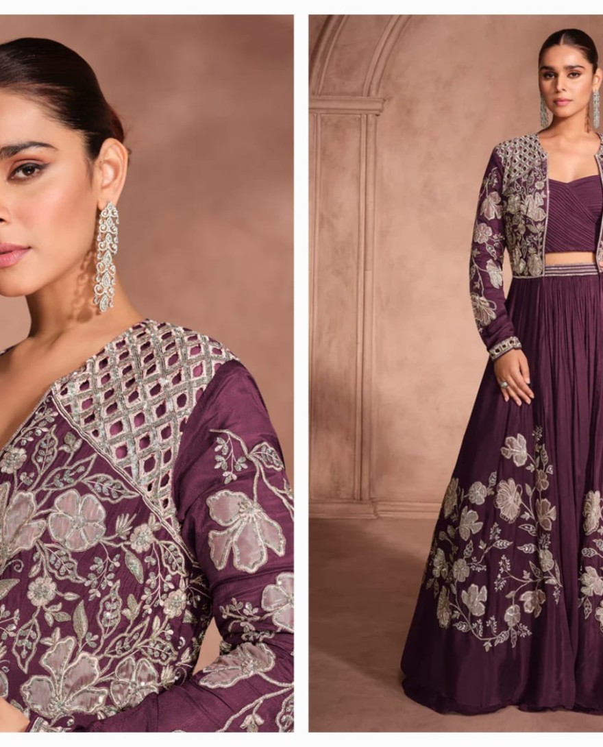 WINE - Designer Wine Chinnon Silk Jacket Style Lehenga Choli For Indian Wedding