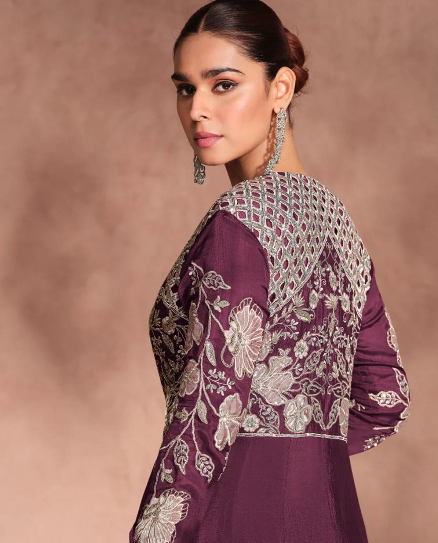 WINE - Designer Wine Chinnon Silk Jacket Style Lehenga Choli For Indian Wedding