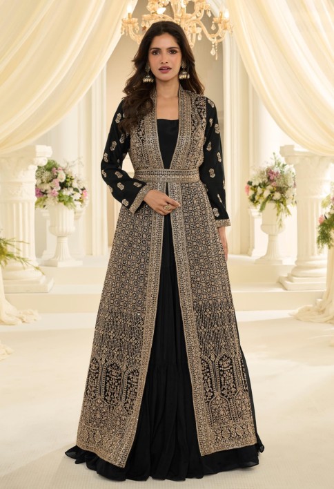 Black Traditional Embroidery Jacket Style Anarkali Gown