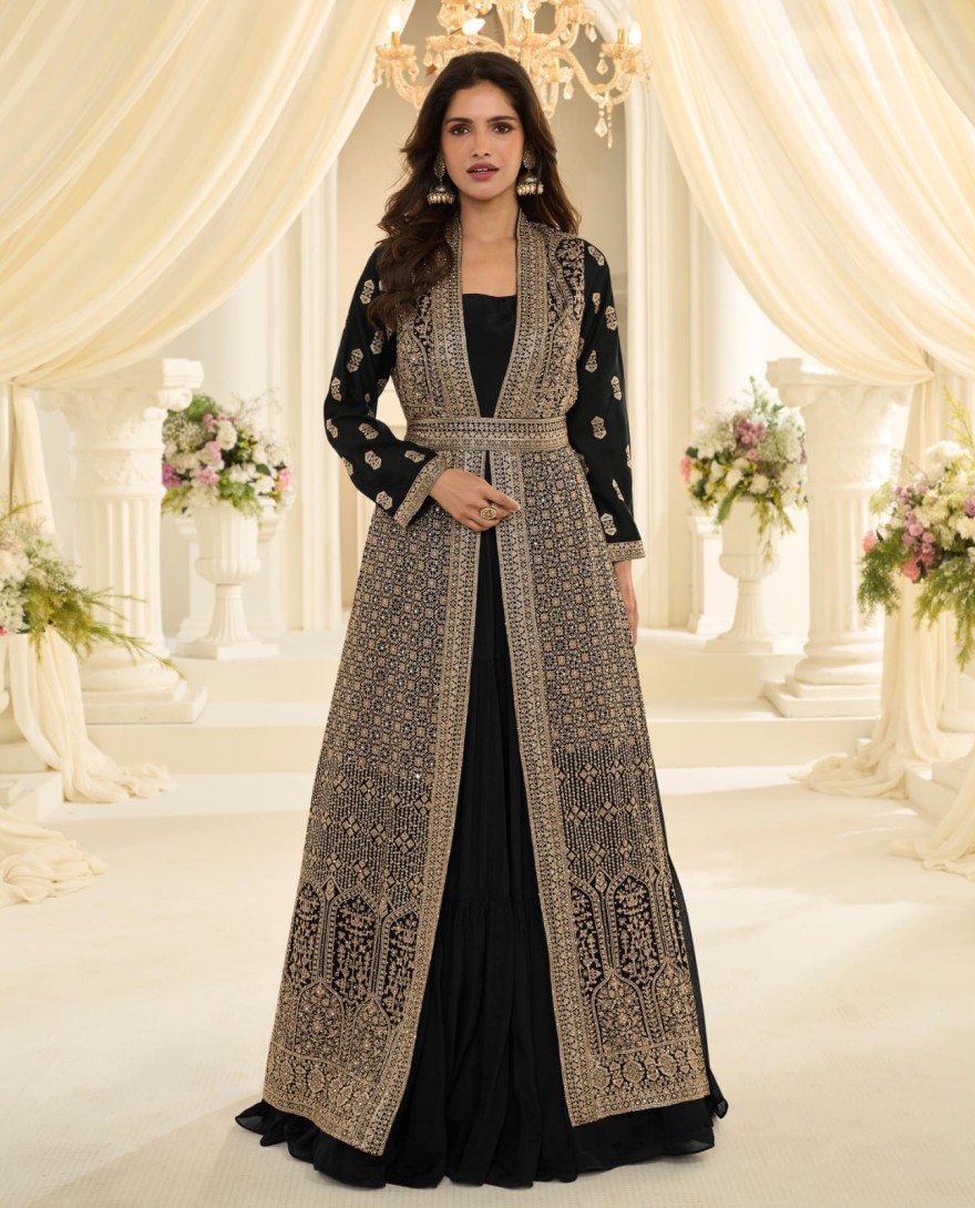 BLACK - Black Traditional Embroidery Jacket Style Anarkali Gown