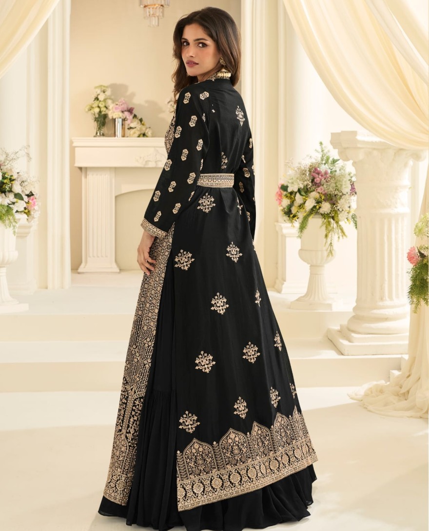 BLACK - Black Traditional Embroidery Jacket Style Anarkali Gown