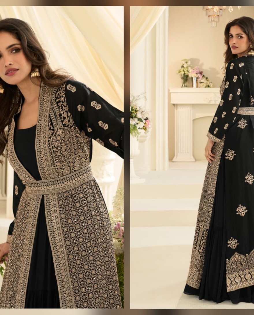 BLACK - Black Traditional Embroidery Jacket Style Anarkali Gown