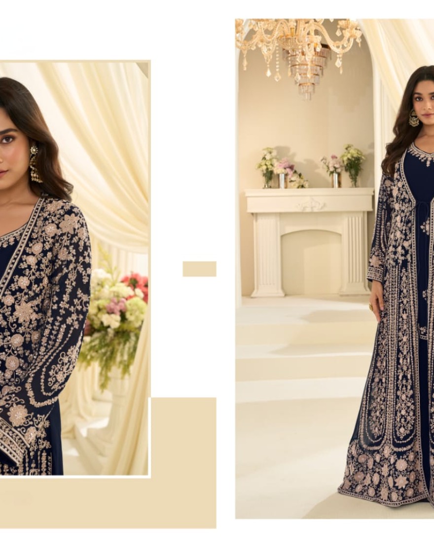 BLUE - Navy Blue Traditional Embroidery Jacket Style Anarkali Gown