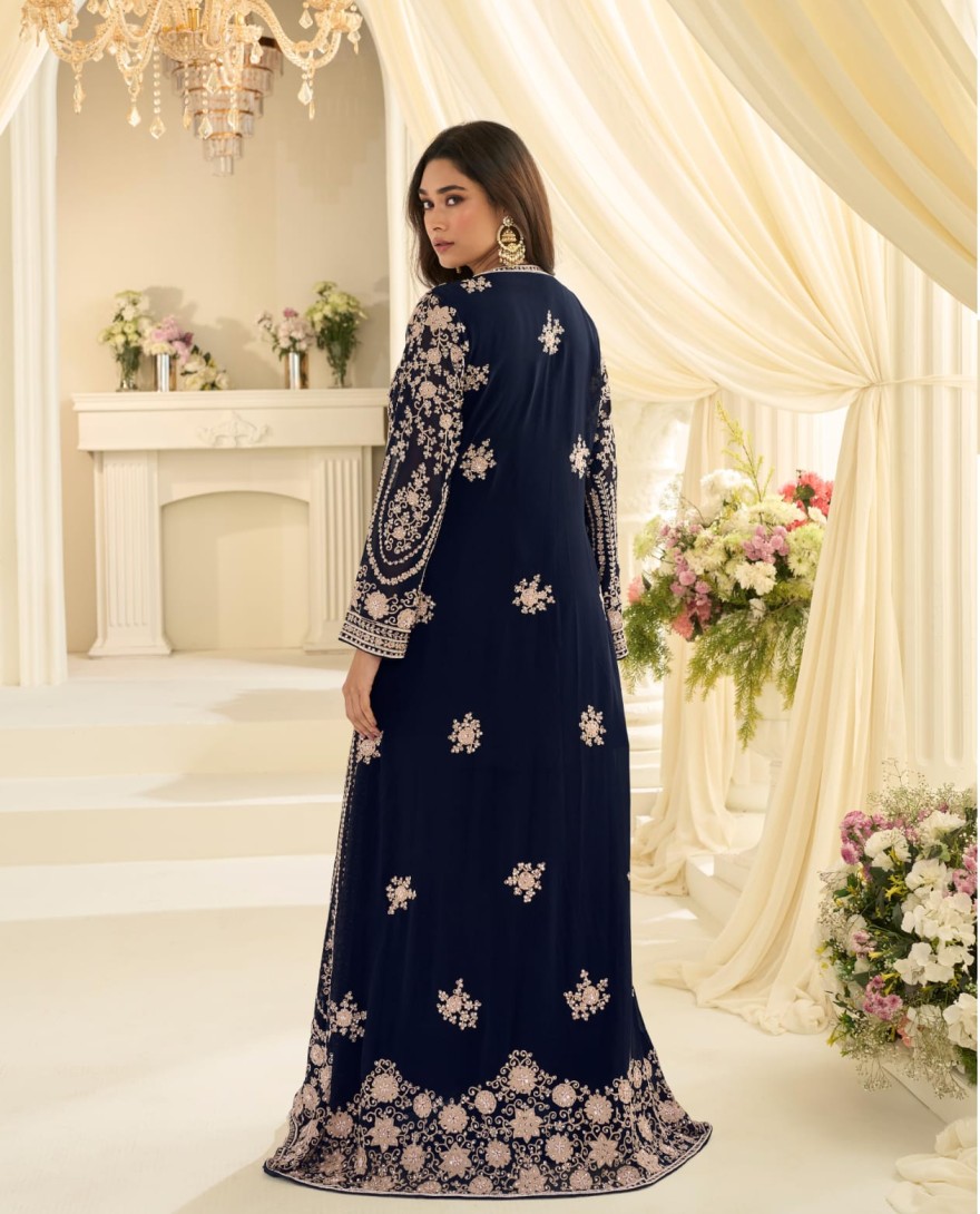 BLUE - Navy Blue Traditional Embroidery Jacket Style Anarkali Gown