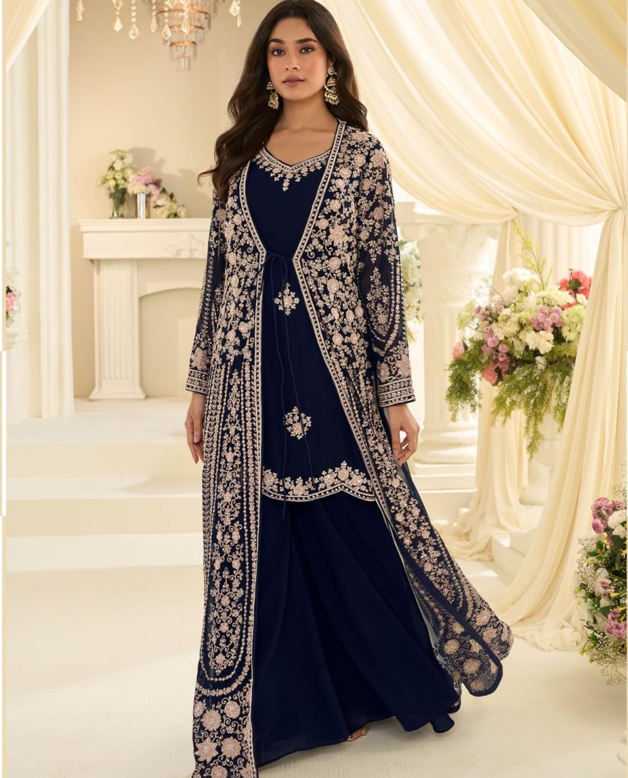 BLUE - Navy Blue Traditional Embroidery Jacket Style Anarkali Gown