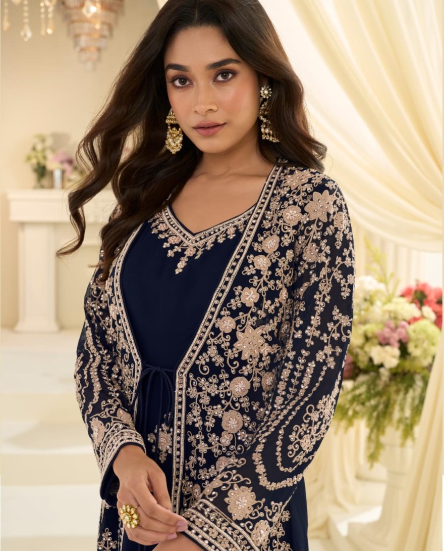BLUE - Navy Blue Traditional Embroidery Jacket Style Anarkali Gown