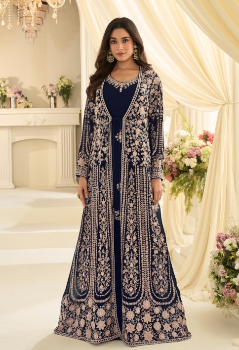 Navy Blue Traditional Embroidery Jacket Style Anarkali Gown