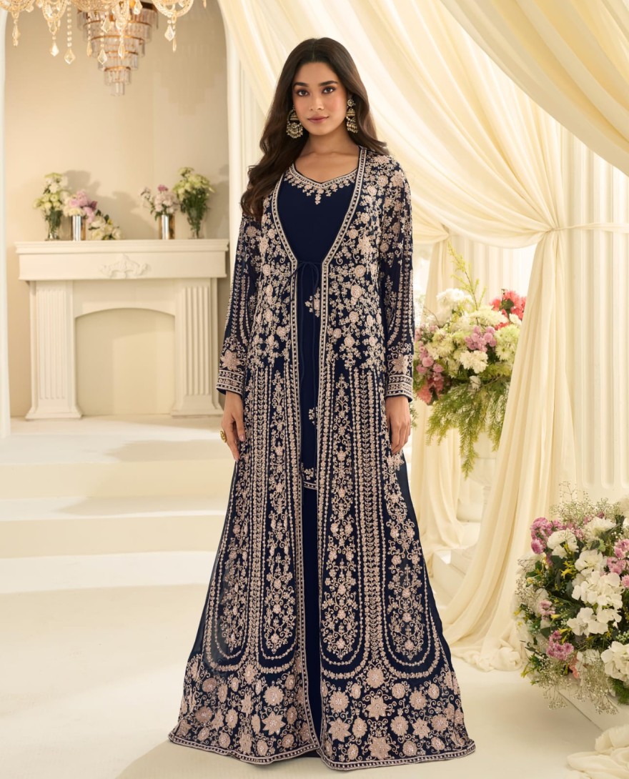 BLUE - Navy Blue Traditional Embroidery Jacket Style Anarkali Gown
