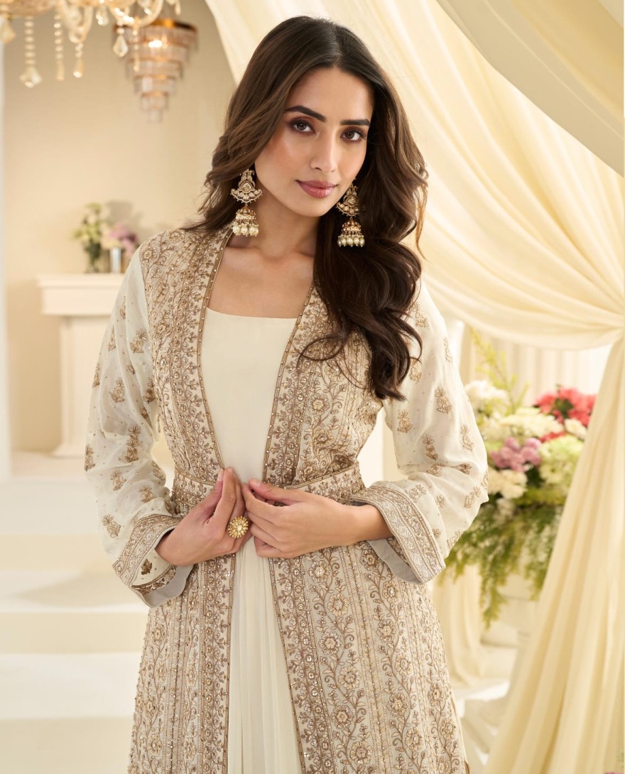 WHITE - White Traditional Embroidery Jacket Style Anarkali Gown
