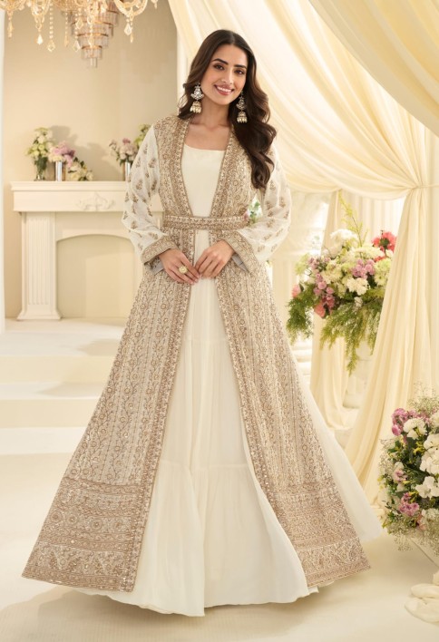 White Traditional Embroidery Jacket Style Anarkali Gown