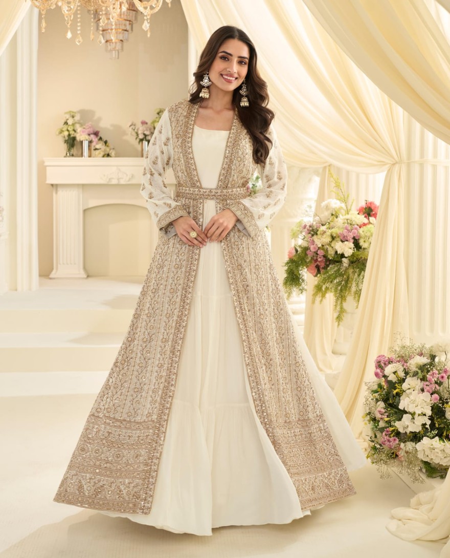 WHITE - White Traditional Embroidery Jacket Style Anarkali Gown