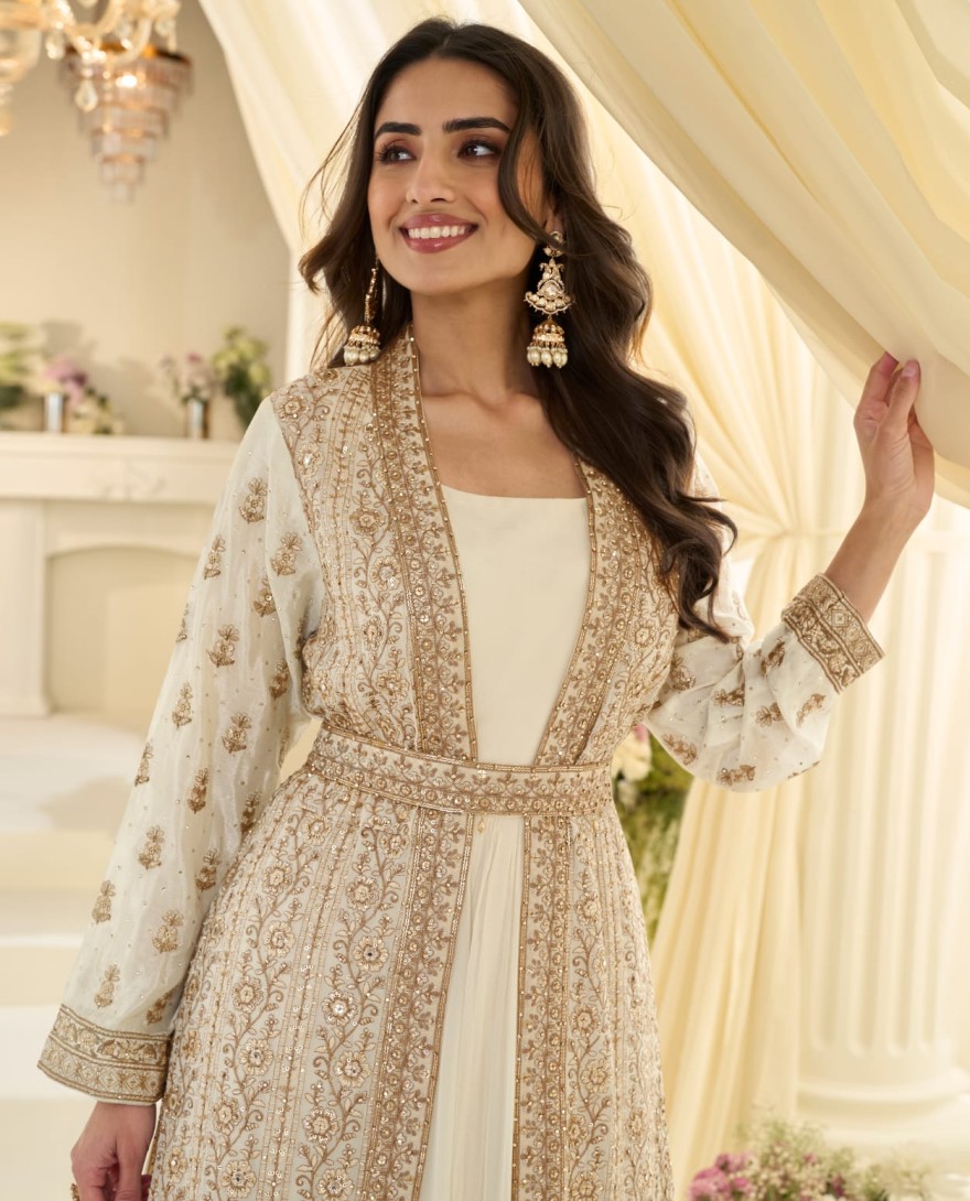 WHITE - White Traditional Embroidery Jacket Style Anarkali Gown