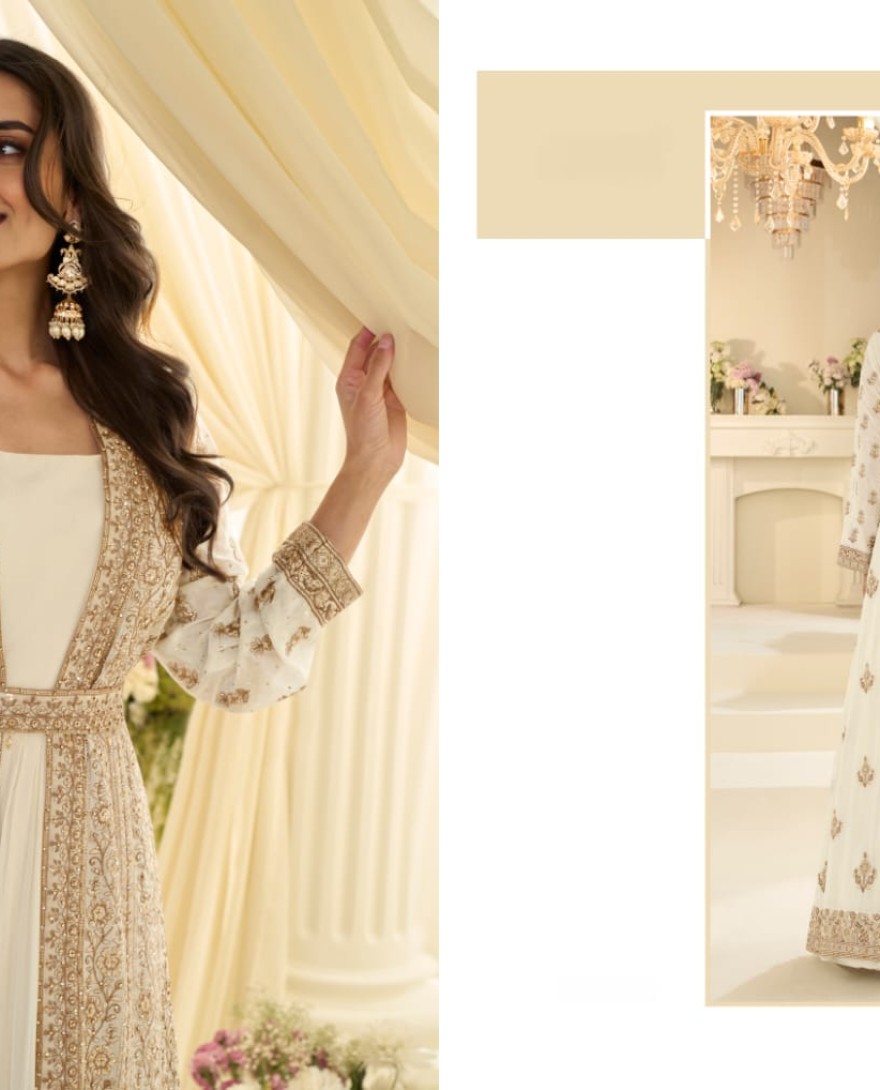 WHITE - White Traditional Embroidery Jacket Style Anarkali Gown