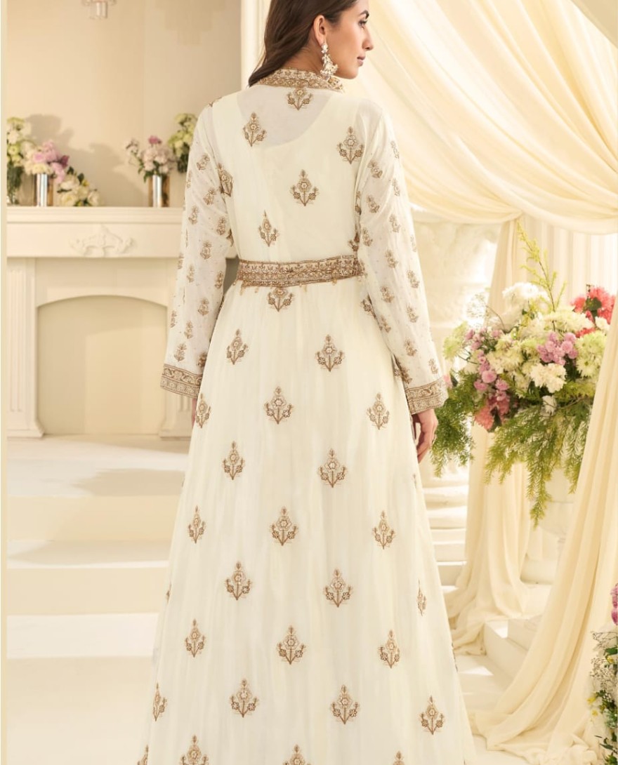 WHITE - White Traditional Embroidery Jacket Style Anarkali Gown