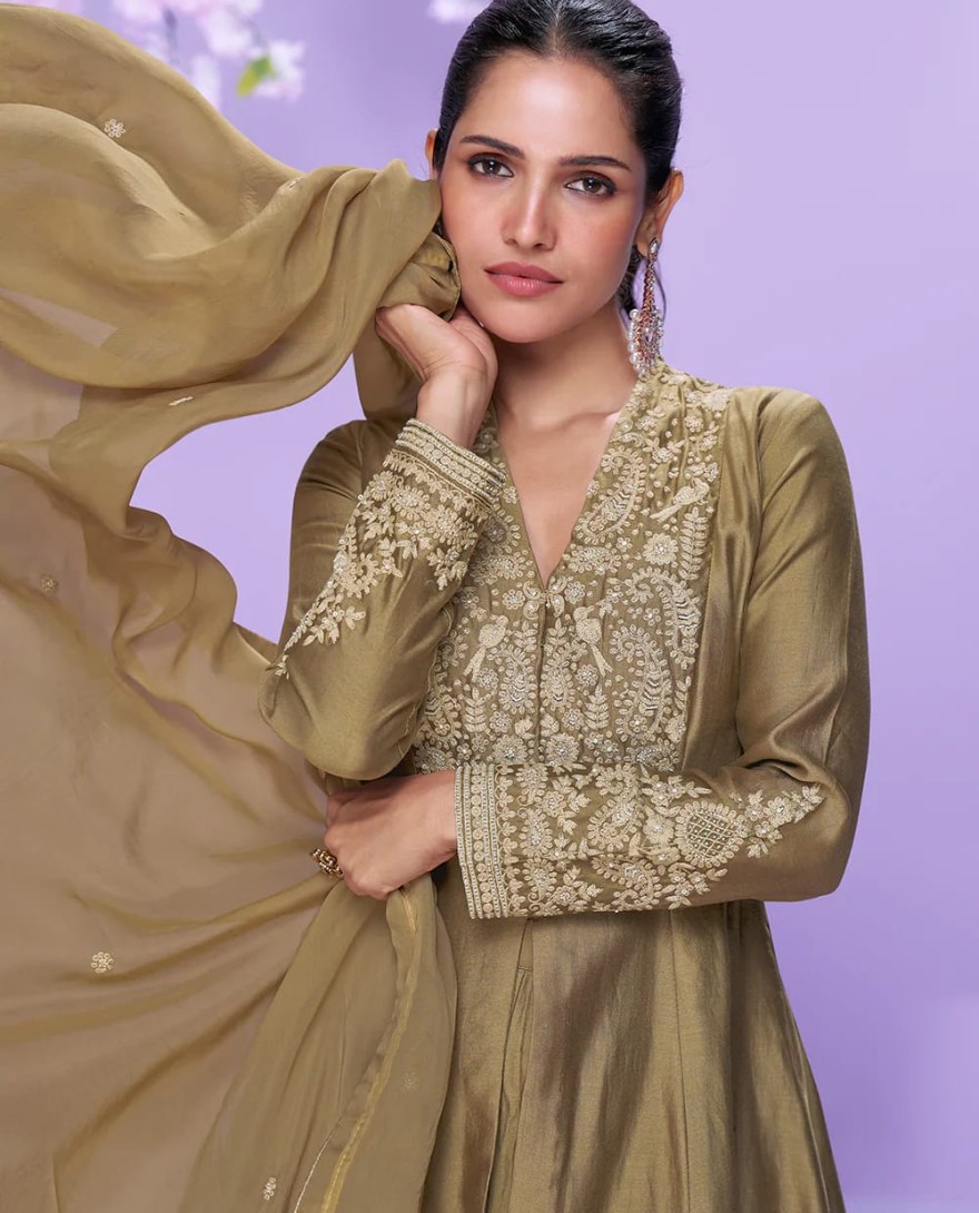 10062 - Olive Green Roman Silk Long Kurta Palazzo Suit for Indian Wedding and Pakistani Festival
