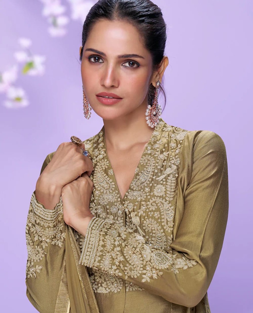 10062 - Olive Green Roman Silk Long Kurta Palazzo Suit for Indian Wedding and Pakistani Festival