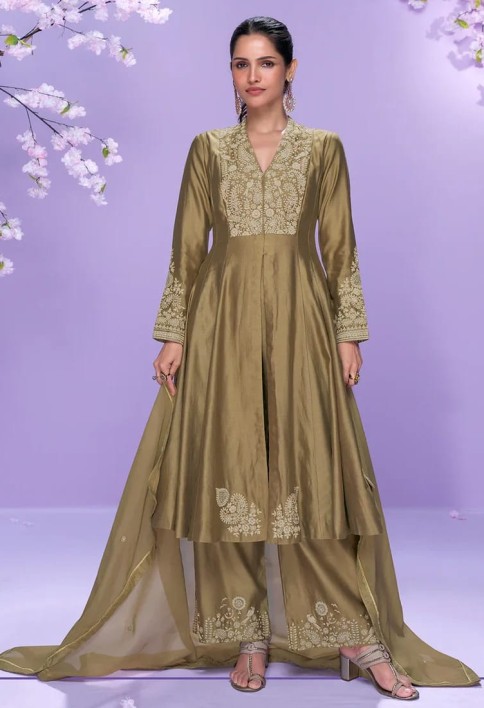 Olive Green Roman Silk Long Kurta Palazzo Suit for Indian Wedding and Pakistani Festival