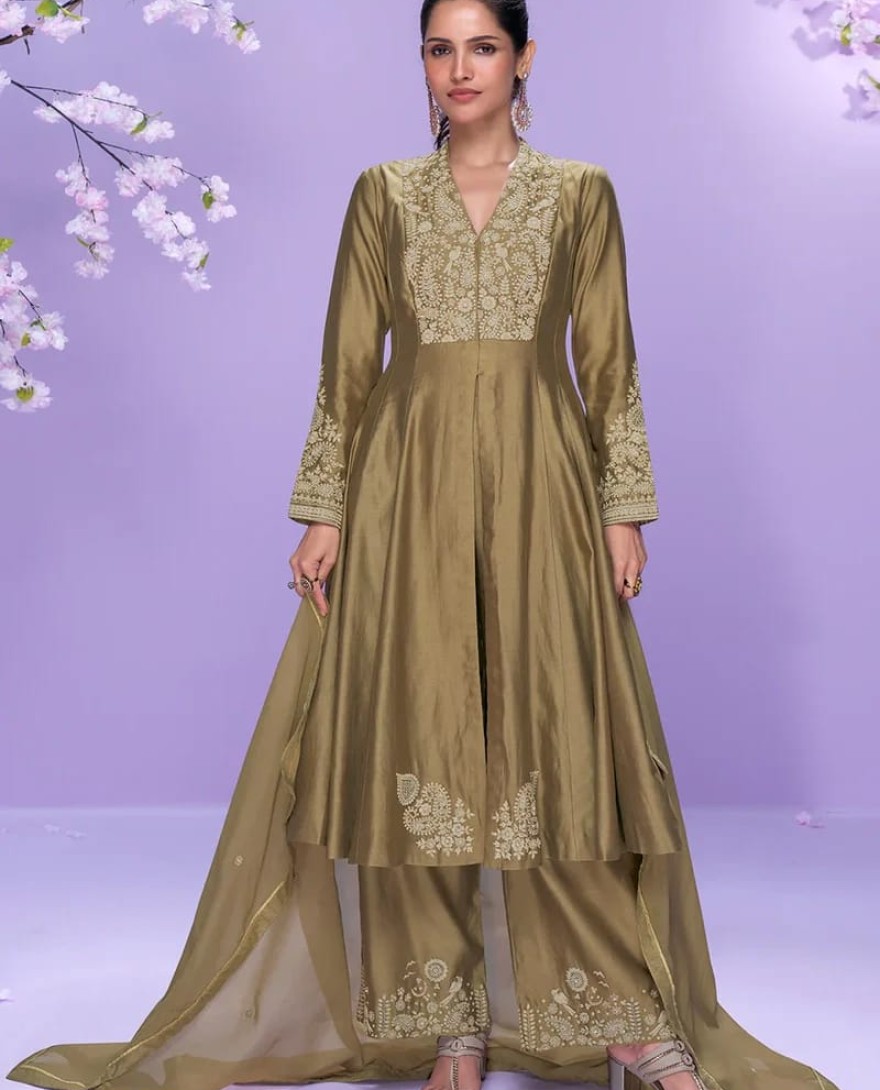 10062 - Olive Green Roman Silk Long Kurta Palazzo Suit for Indian Wedding and Pakistani Festival