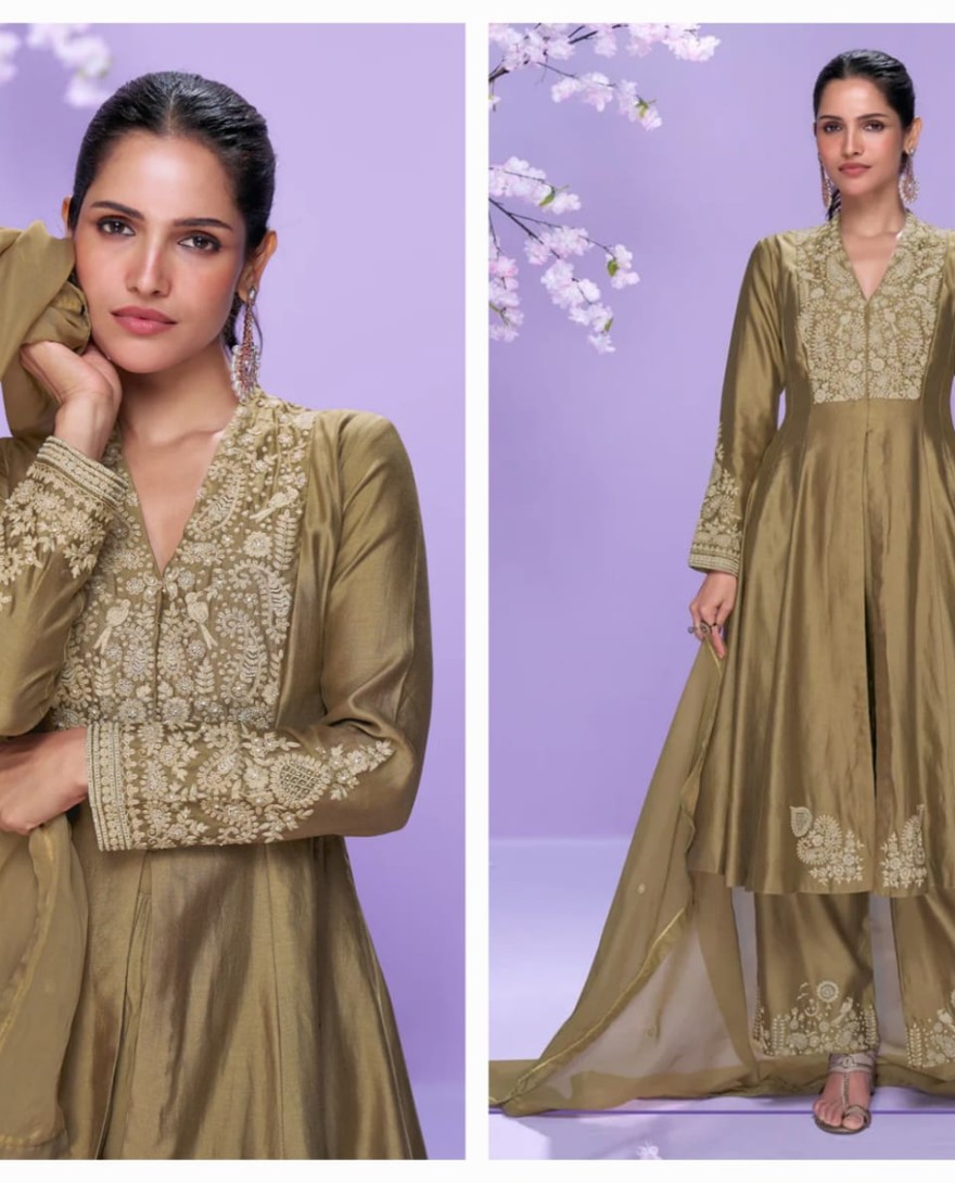 10062 - Olive Green Roman Silk Long Kurta Palazzo Suit for Indian Wedding and Pakistani Festival