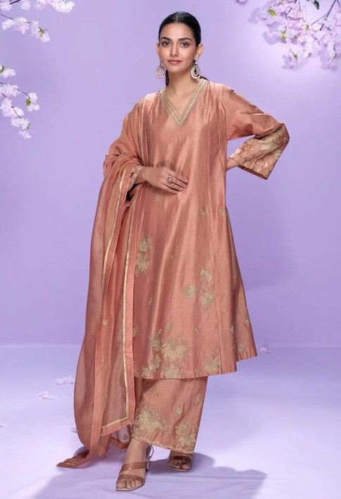 Peach Roman Silk Long Kurta Palazzo Suit for Indian Wedding and Pakistani Festival