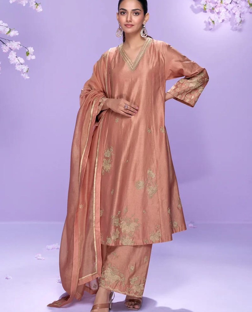 10063 - Peach Roman Silk Long Kurta Palazzo Suit for Indian Wedding and Pakistani Festival