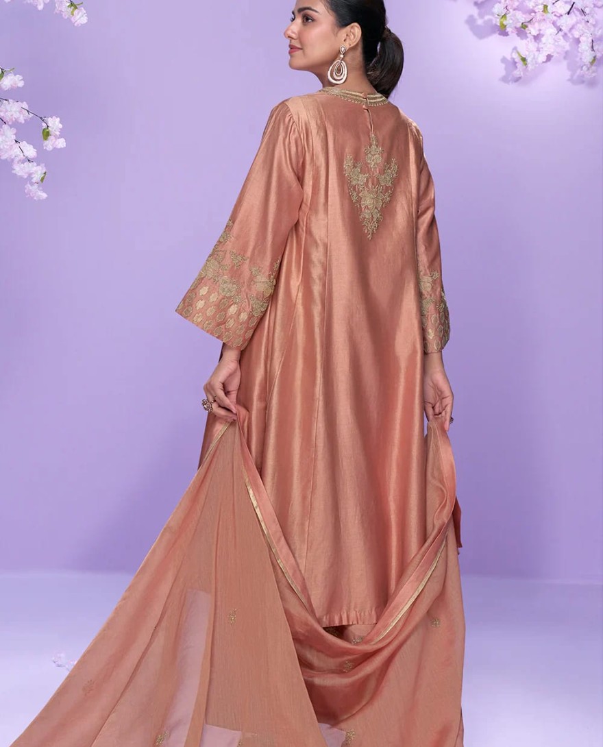 10063 - Peach Roman Silk Long Kurta Palazzo Suit for Indian Wedding and Pakistani Festival