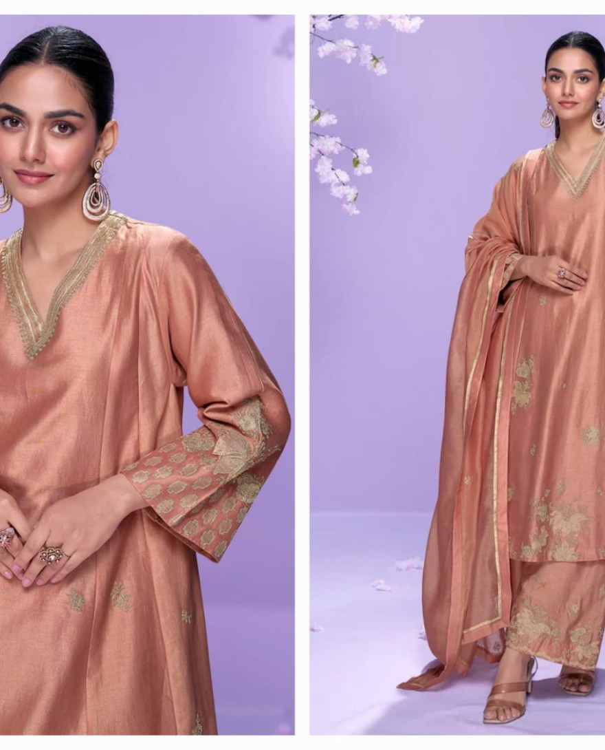 10063 - Peach Roman Silk Long Kurta Palazzo Suit for Indian Wedding and Pakistani Festival