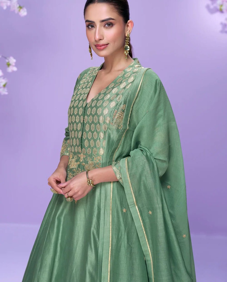 10064 - Mint Green Roman Silk Long Kurta Palazzo Suit for Indian Wedding and Pakistani Festival