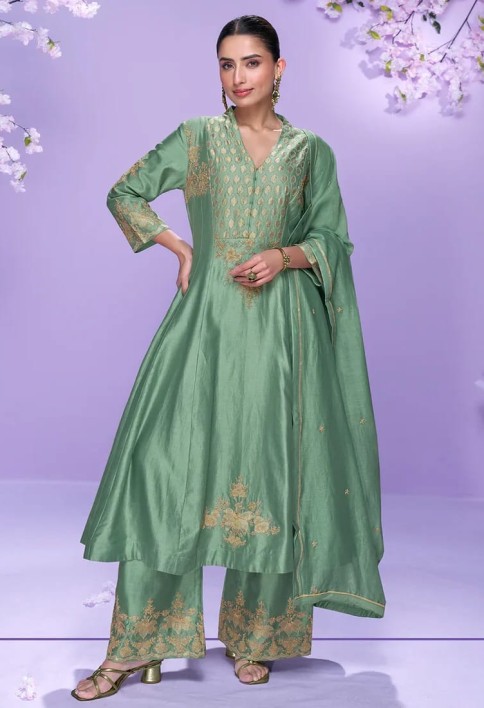 Mint Green Roman Silk Long Kurta Palazzo Suit for Indian Wedding and Pakistani Festival