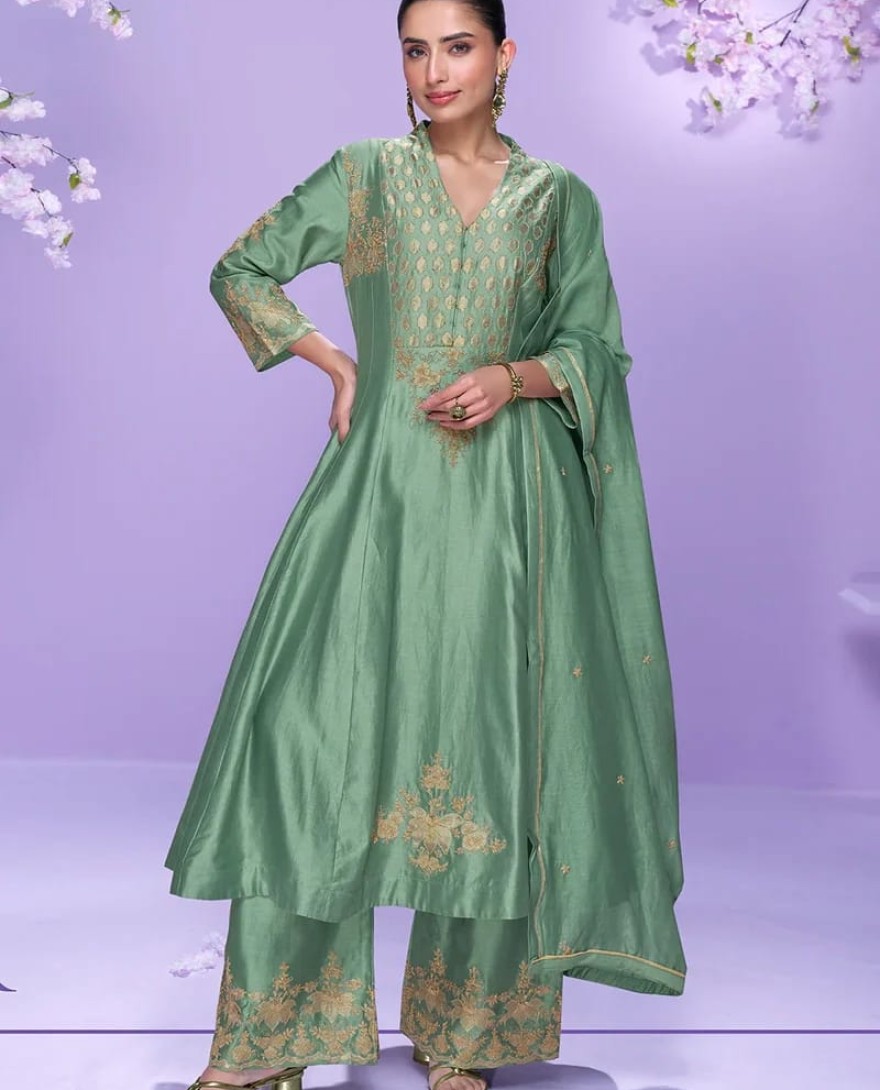 10064 - Mint Green Roman Silk Long Kurta Palazzo Suit for Indian Wedding and Pakistani Festival