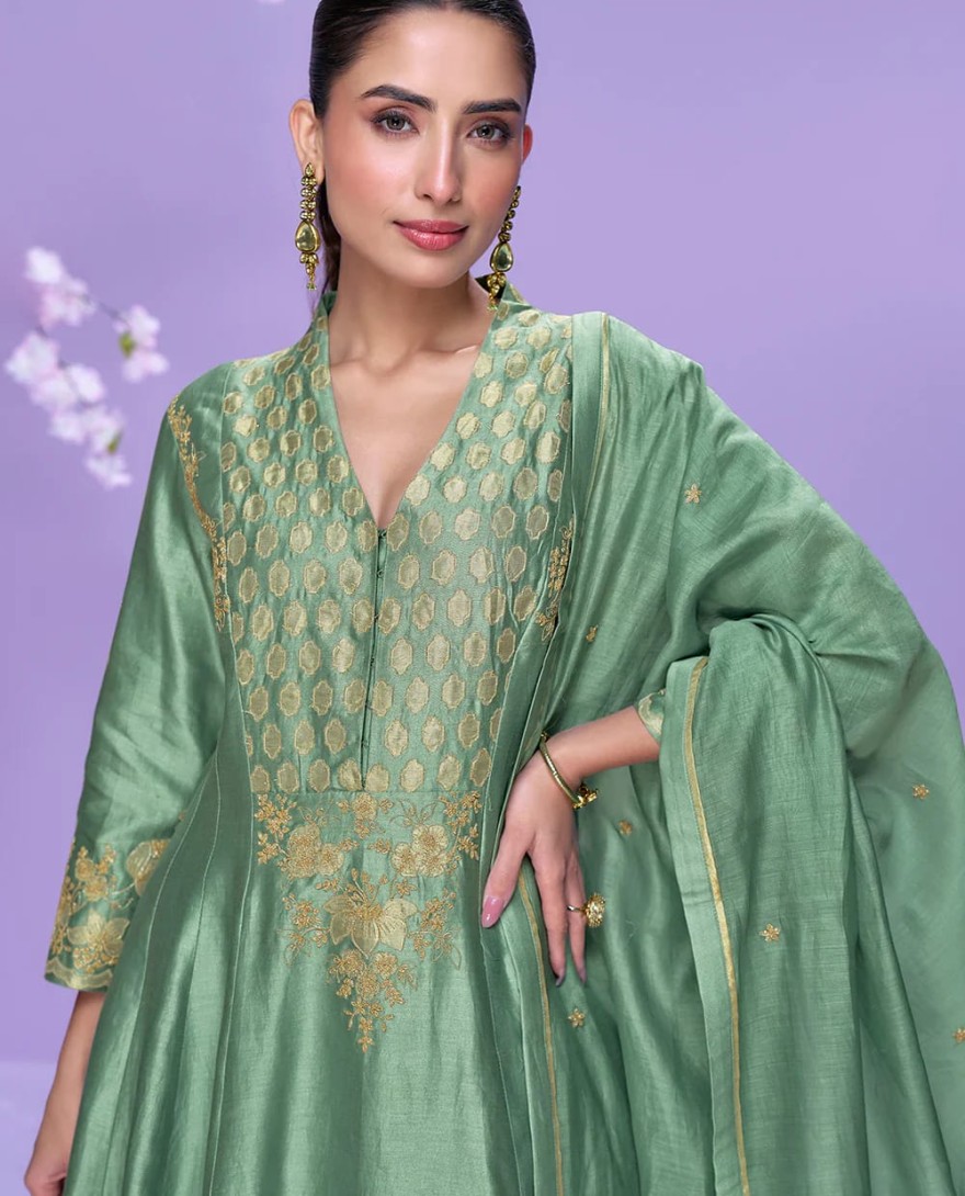 10064 - Mint Green Roman Silk Long Kurta Palazzo Suit for Indian Wedding and Pakistani Festival
