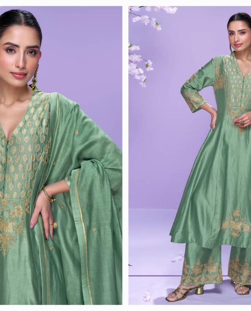 10064 - Mint Green Roman Silk Long Kurta Palazzo Suit for Indian Wedding and Pakistani Festival