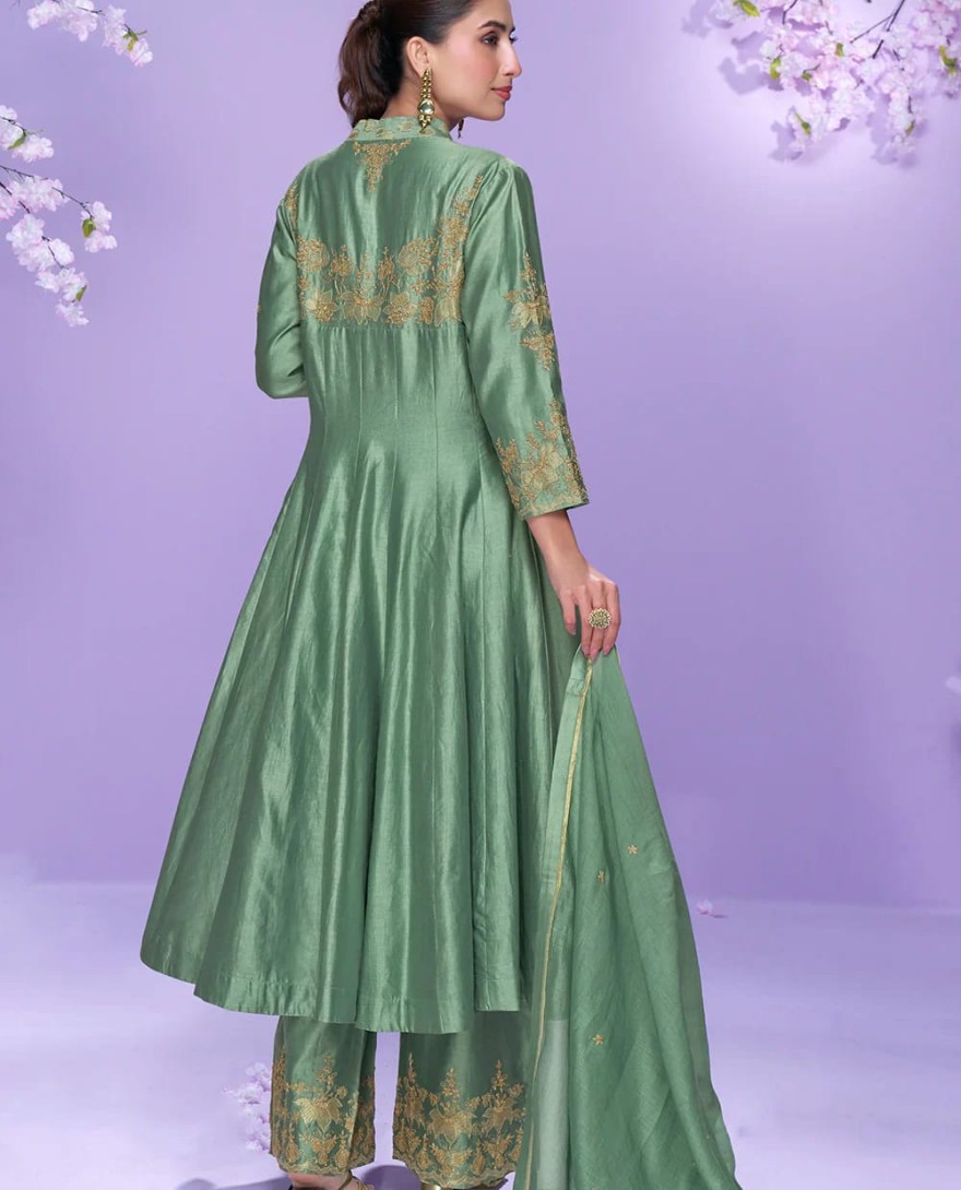10064 - Mint Green Roman Silk Long Kurta Palazzo Suit for Indian Wedding and Pakistani Festival