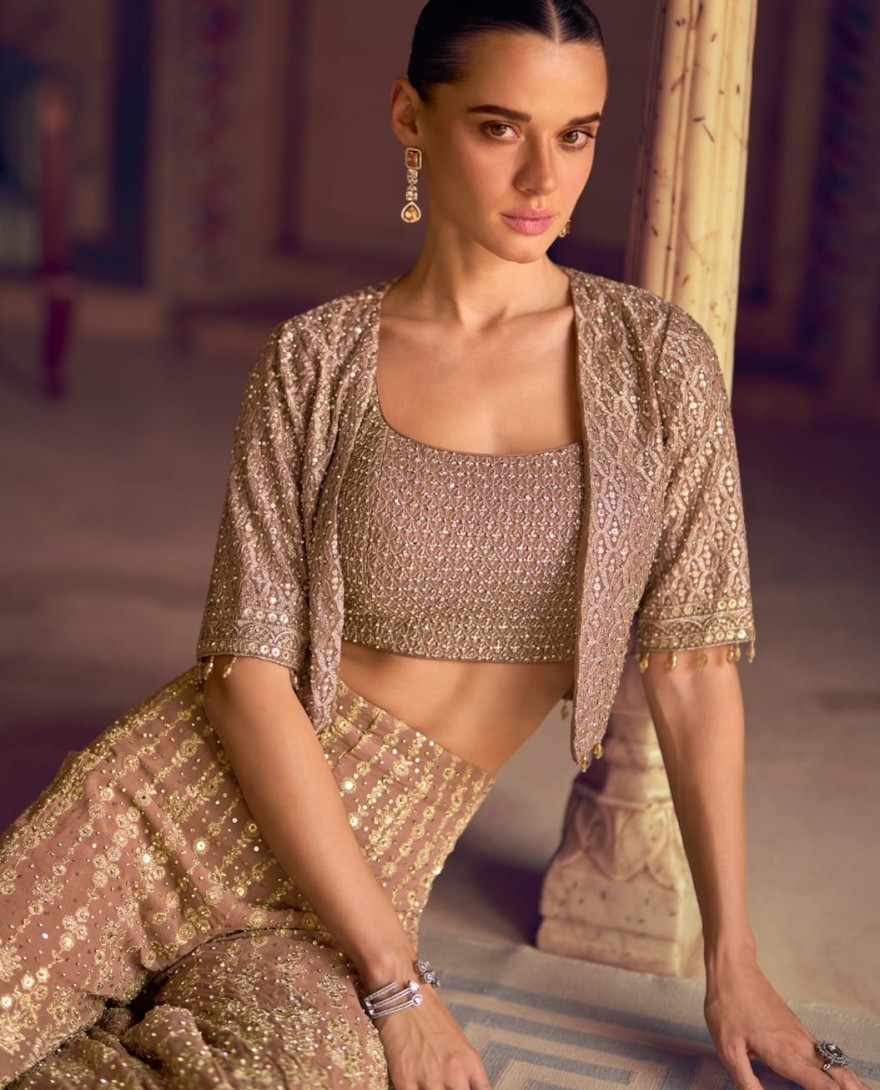 GOLDEN - Beige Georgette Jacketed Co-ord Set With Stone Embroidery