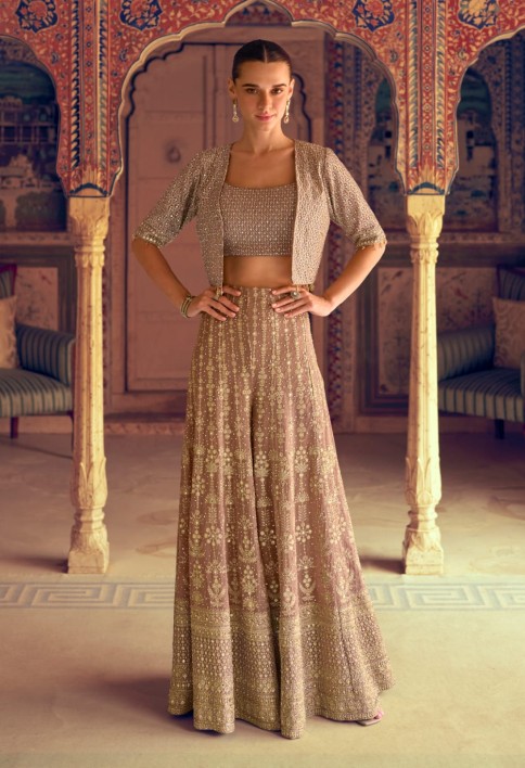 Beige Georgette Jacketed Co-ord Set With Stone Embroidery