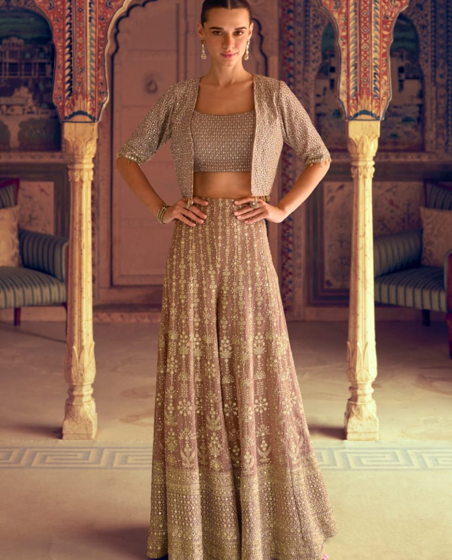 GOLDEN - Beige Georgette Jacketed Co-ord Set With Stone Embroidery