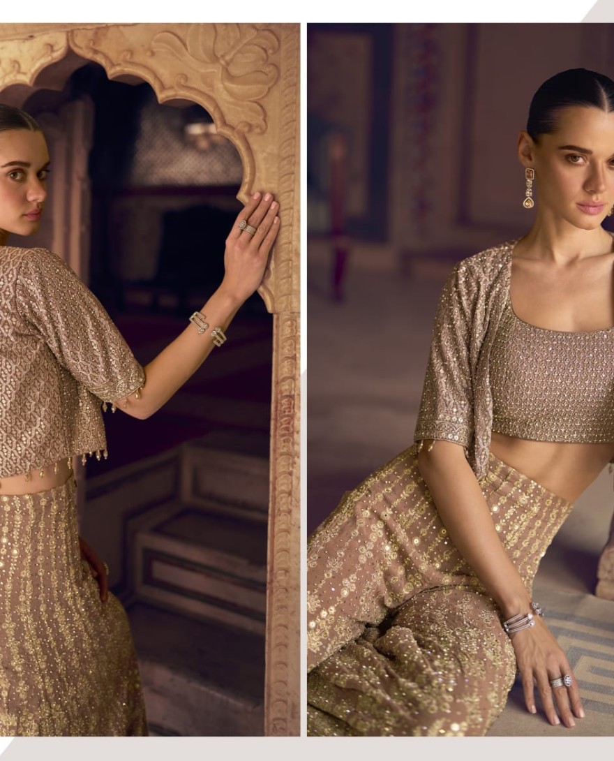 GOLDEN - Beige Georgette Jacketed Co-ord Set With Stone Embroidery