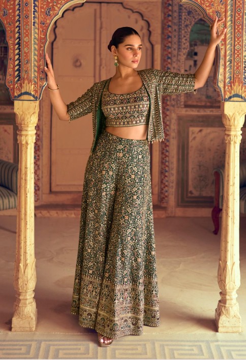 Green Georgette Jacketed Co-ord Set With Zari Detailing