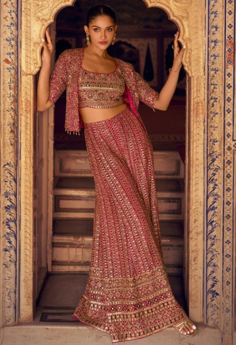 Pink Georgette Jacketed Co-ord Set With Sequins Work