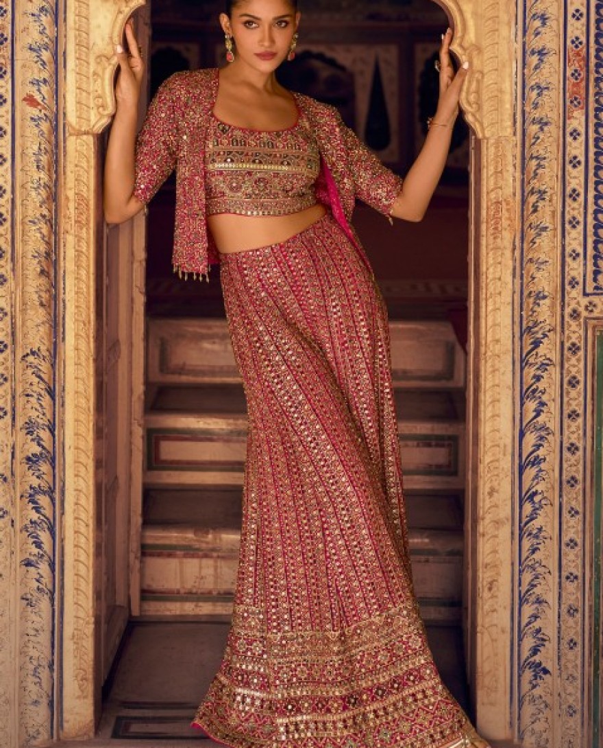 PINK - Pink Georgette Jacketed Co-ord Set With Sequins Work