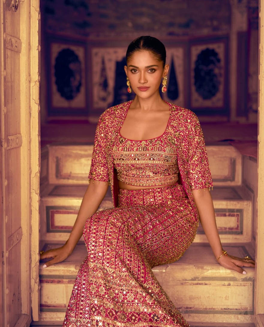 PINK - Pink Georgette Jacketed Co-ord Set With Sequins Work