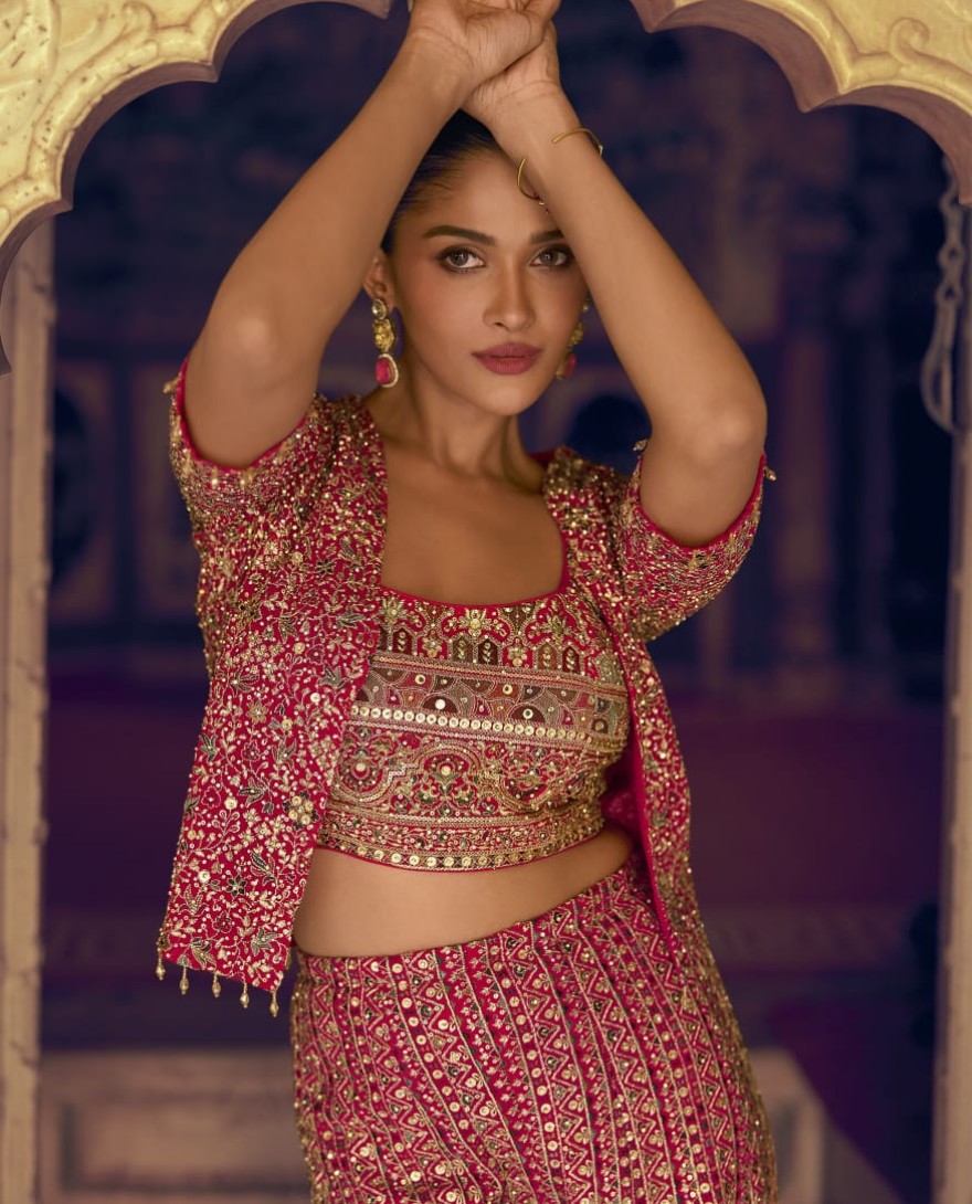 PINK - Pink Georgette Jacketed Co-ord Set With Sequins Work